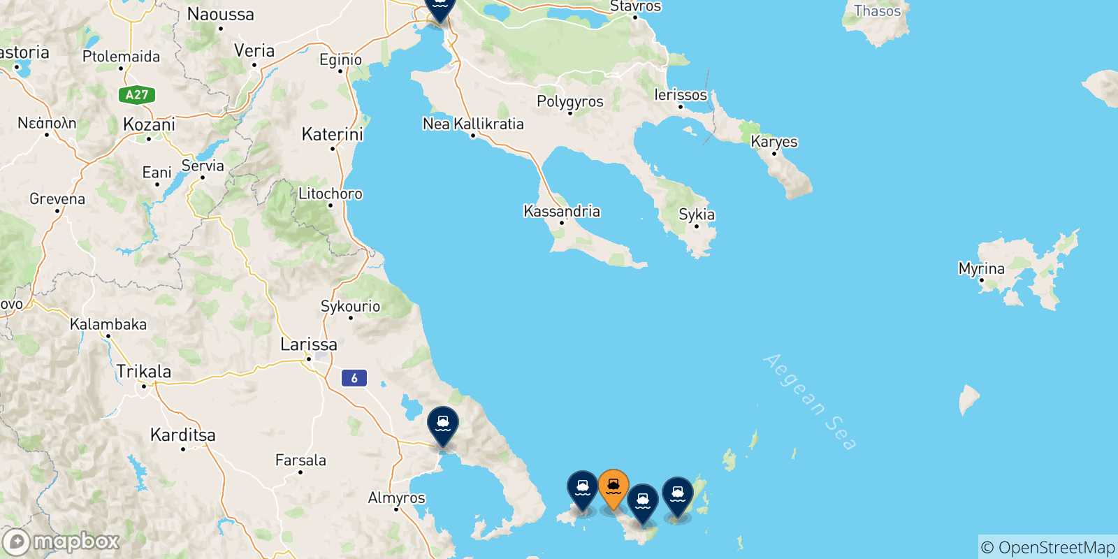 Map of the possible routes between Agnontas (Skopelos) and Greece