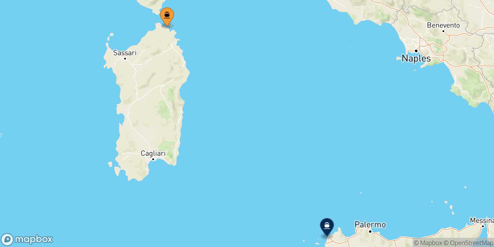 Map of the destinations reachable from Golfo Aranci