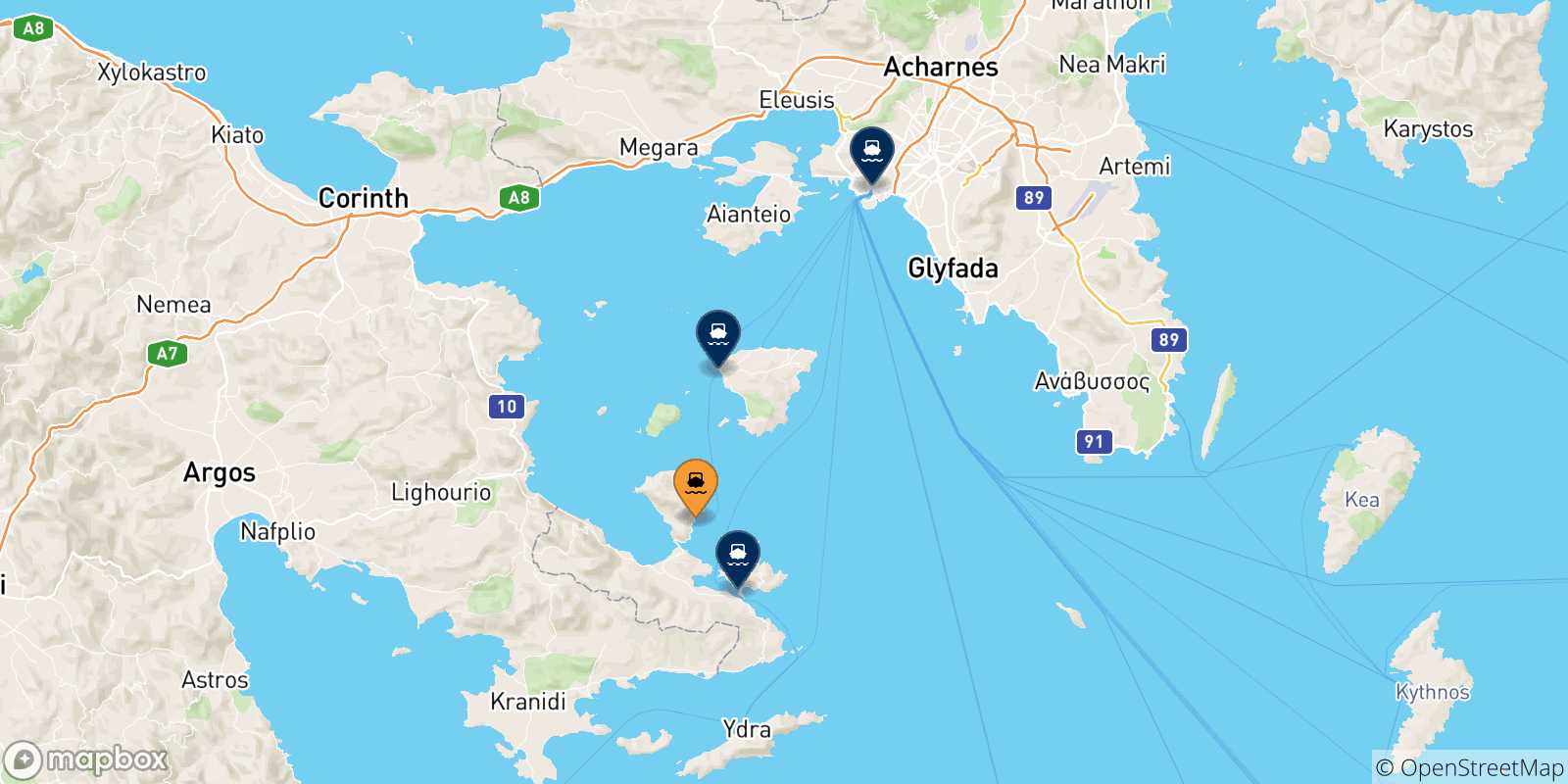 Map of the possible routes between Methana and Greece
