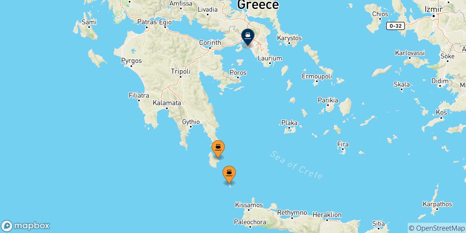 Map of the possible routes between Ionian Islands and Piraeus