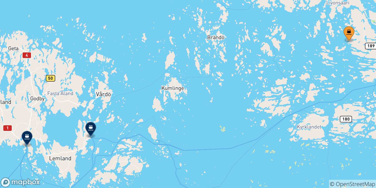 Map of the possible routes between Turku and Aland Islands