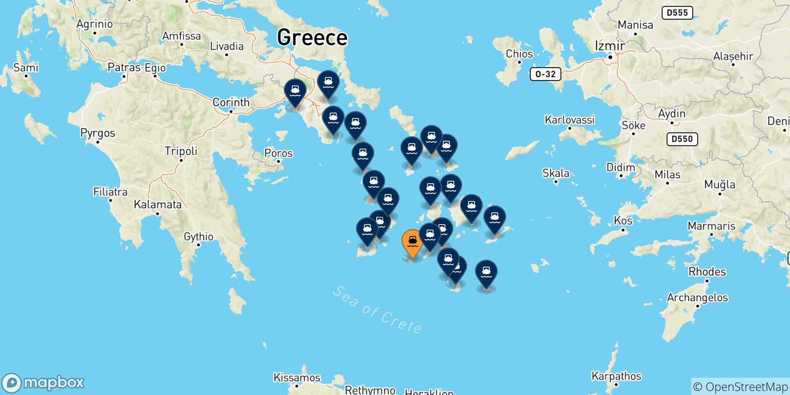 Map of the possible routes between Folegandros and Greece
