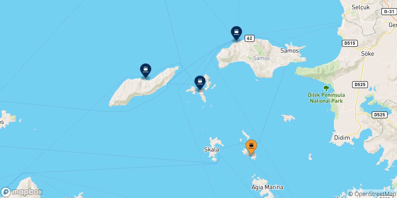 Map of the possible routes between Lipsi and Aegean Islands
