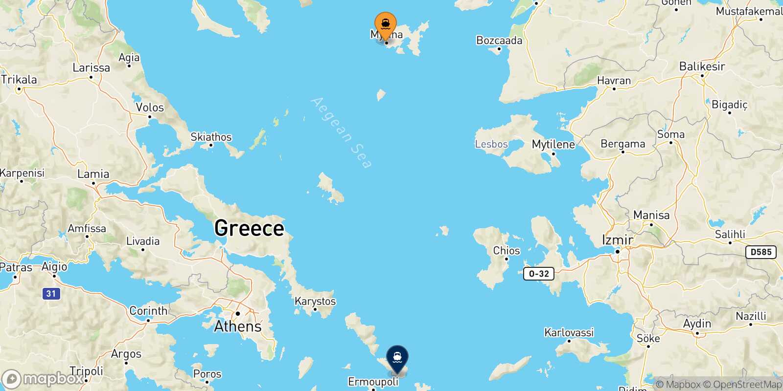 Myrina (Limnos) Tinos route map