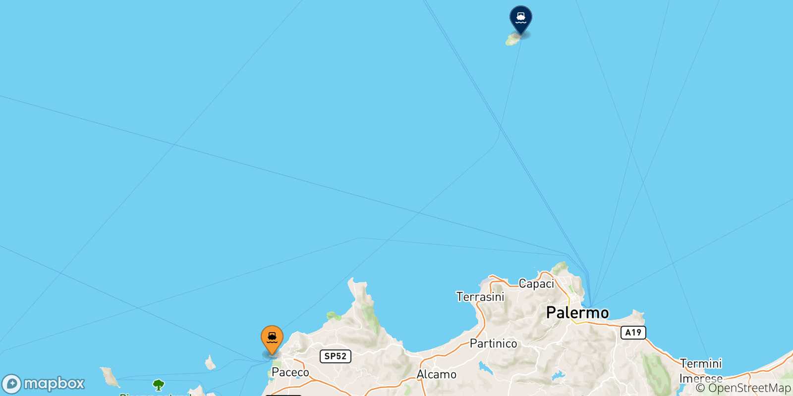 Map of the possible routes between Trapani and Ustica Island