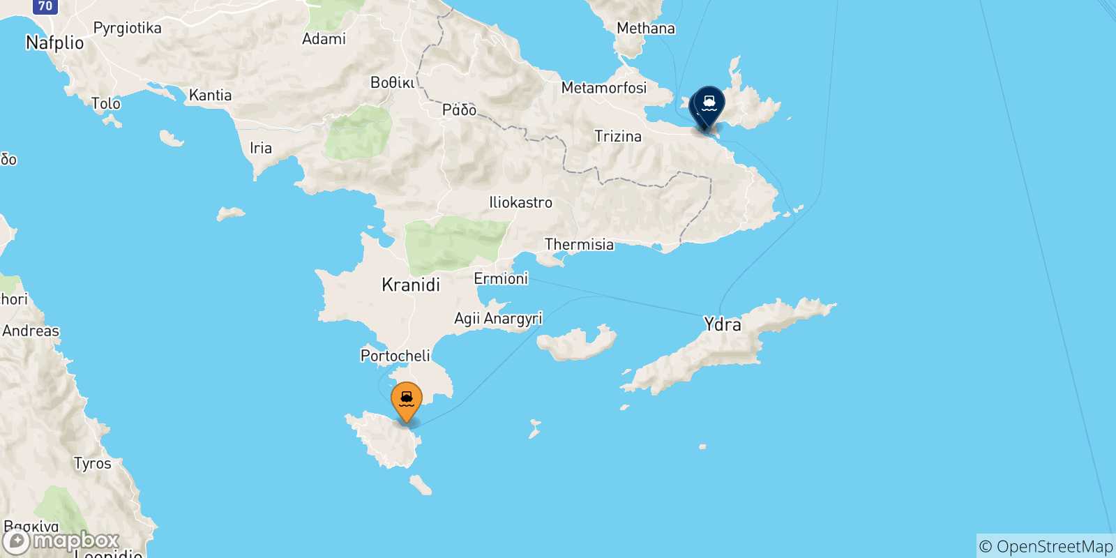Map of the possible routes between Spetses and Saronic Islands