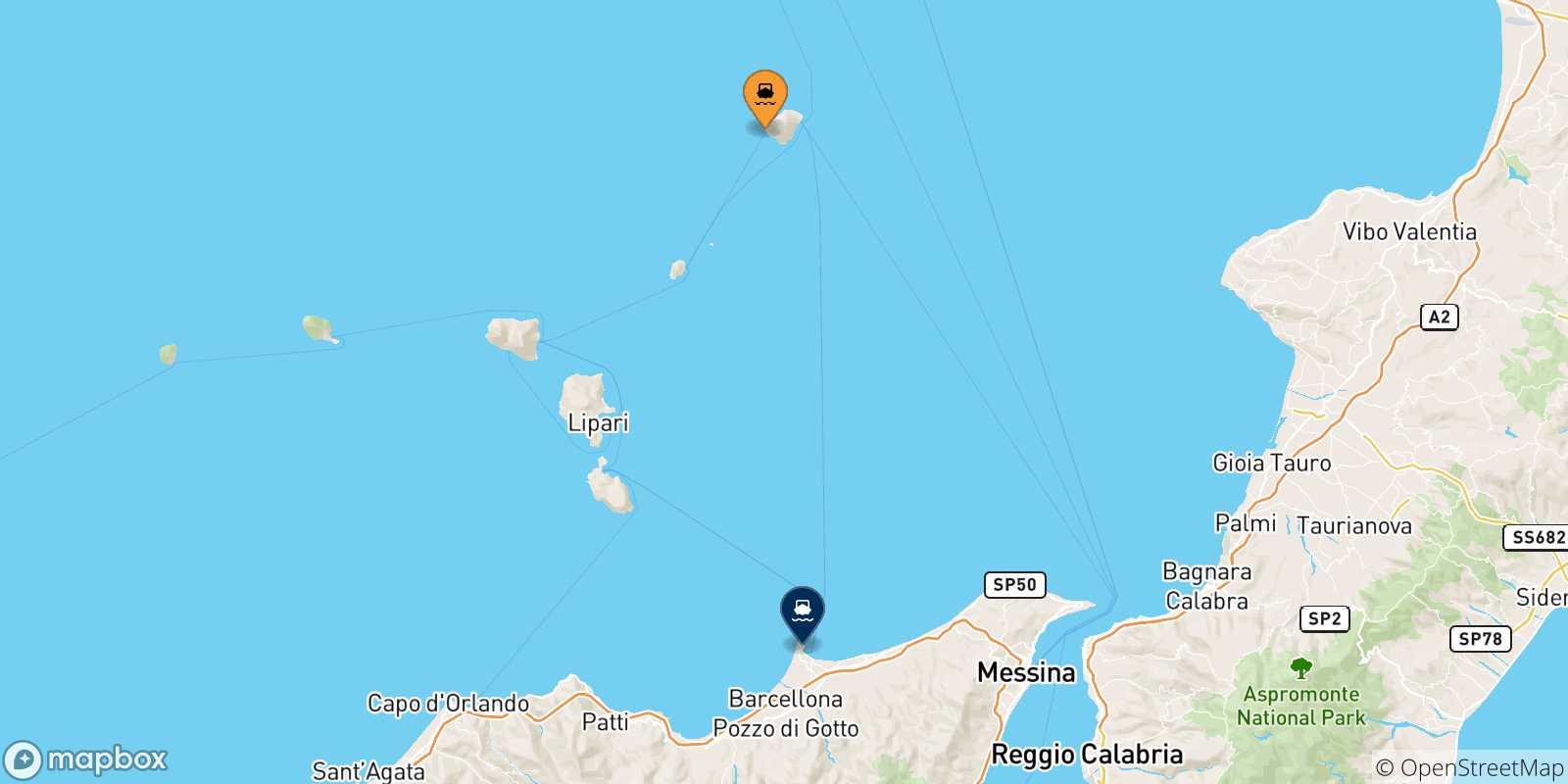 Map of the possible routes between Ginostra (Stromboli) and Sicily