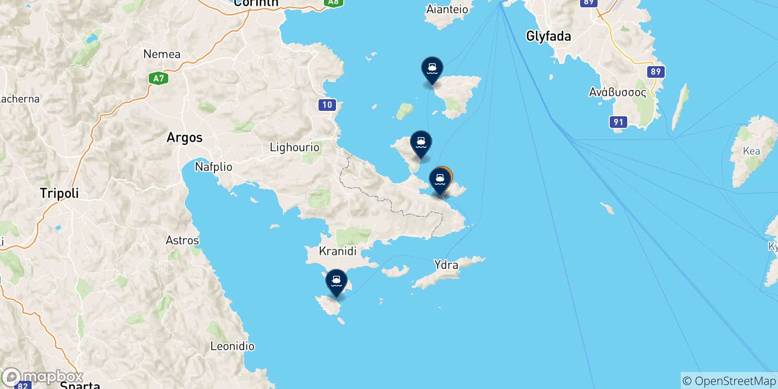 Map of the possible routes between Poros and Saronic Islands