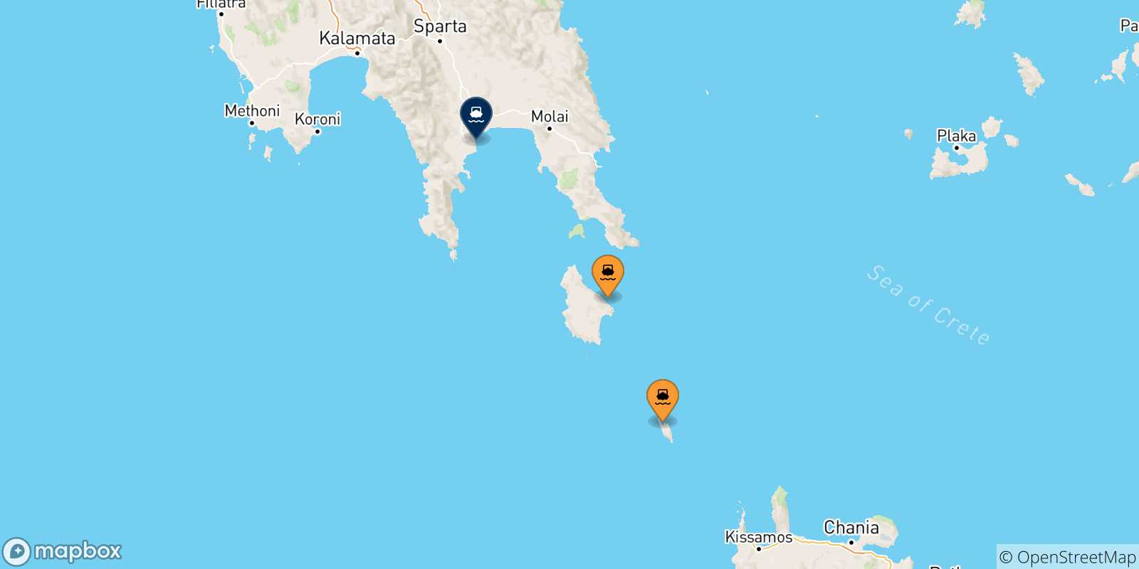 Map of the possible routes between Ionian Islands and Gythio