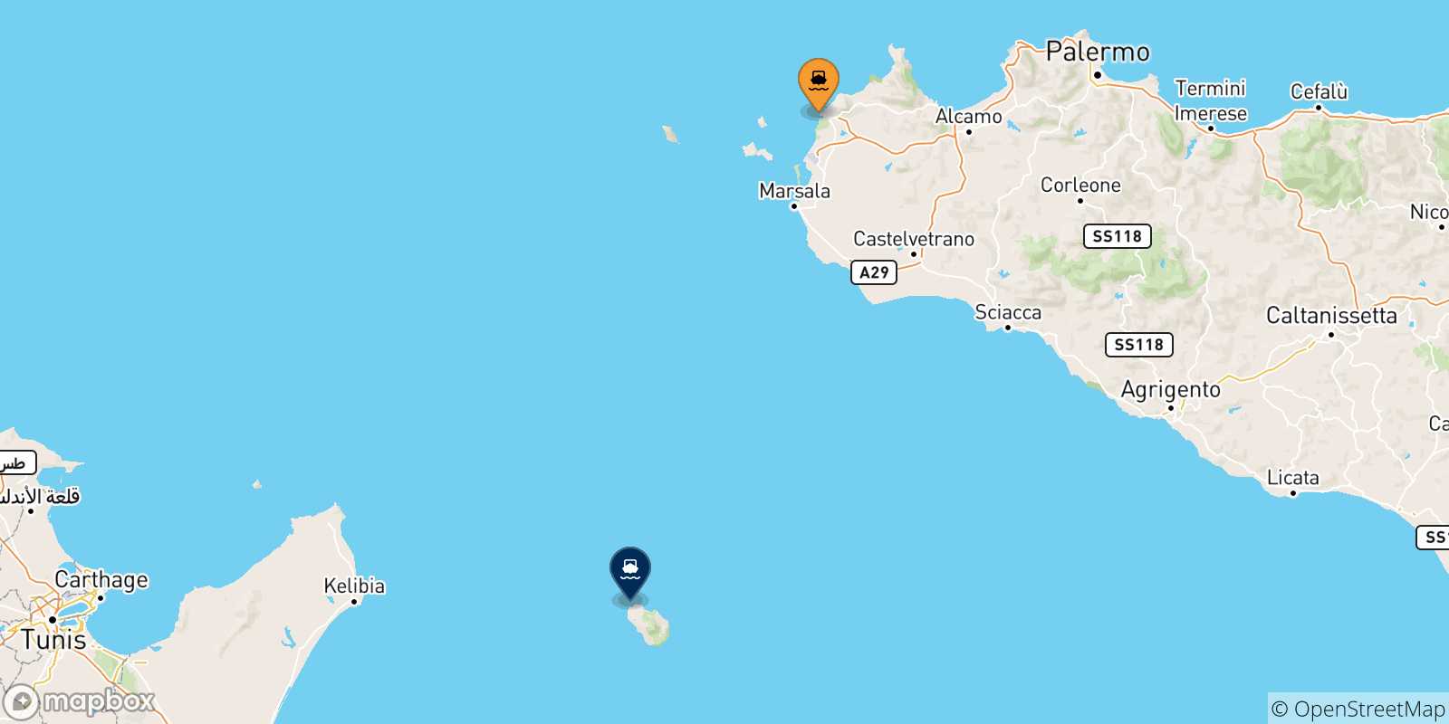 Map of the possible routes between Sicily and Pantelleria