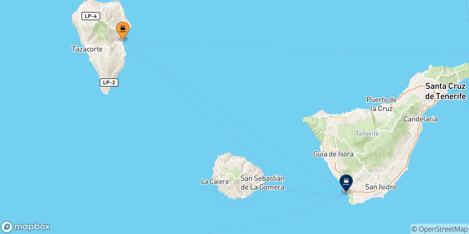 Map of the possible routes between Santa Cruz De La Palma and Canary Islands