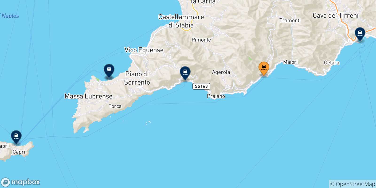 Map of the possible routes between Amalfi and Italy