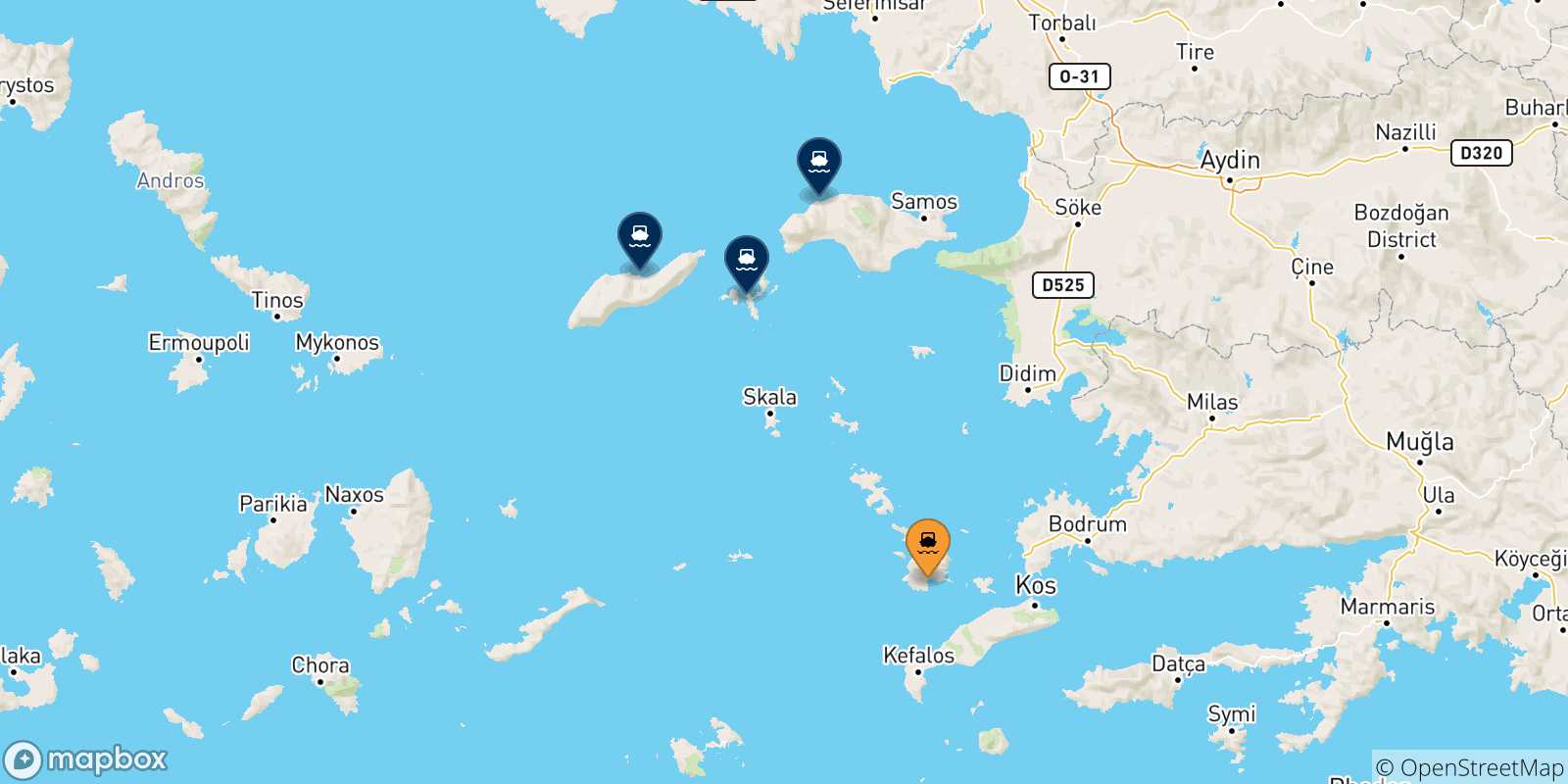 Map of the possible routes between Kalymnos and Aegean Islands