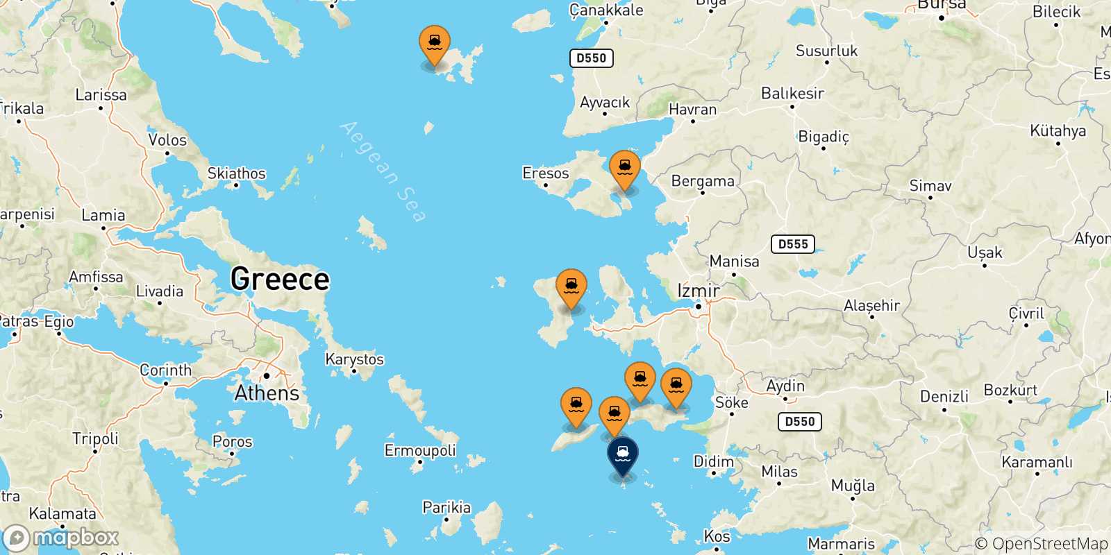 Map of the possible routes between Aegean Islands and Patmos