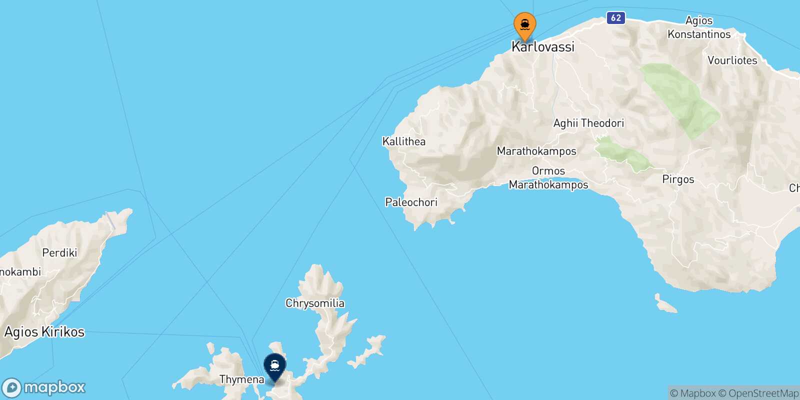 Karlovassi (Samos) Fourni route map