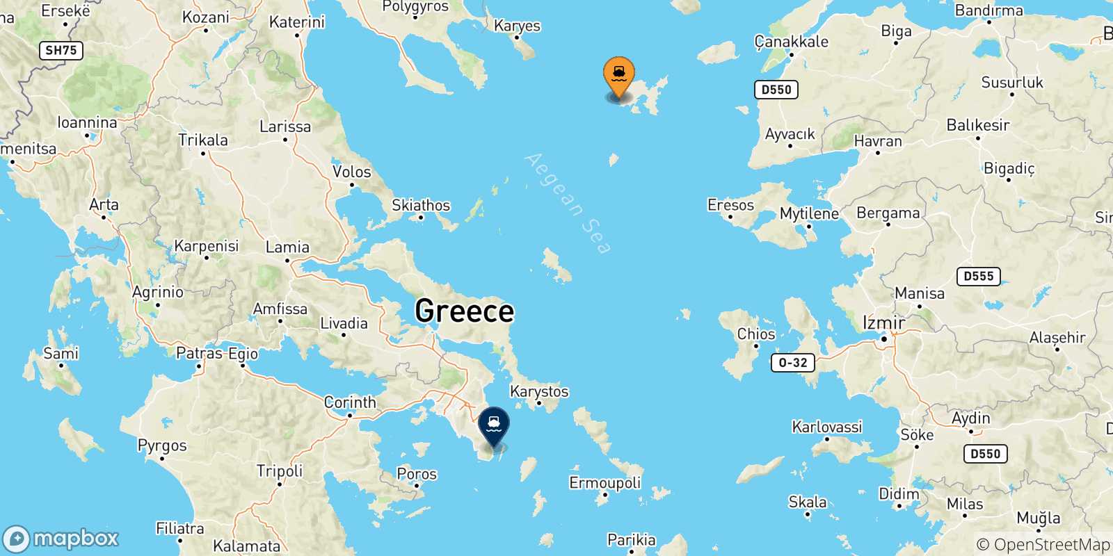 Map of the possible routes between Aegean Islands and Lavrio