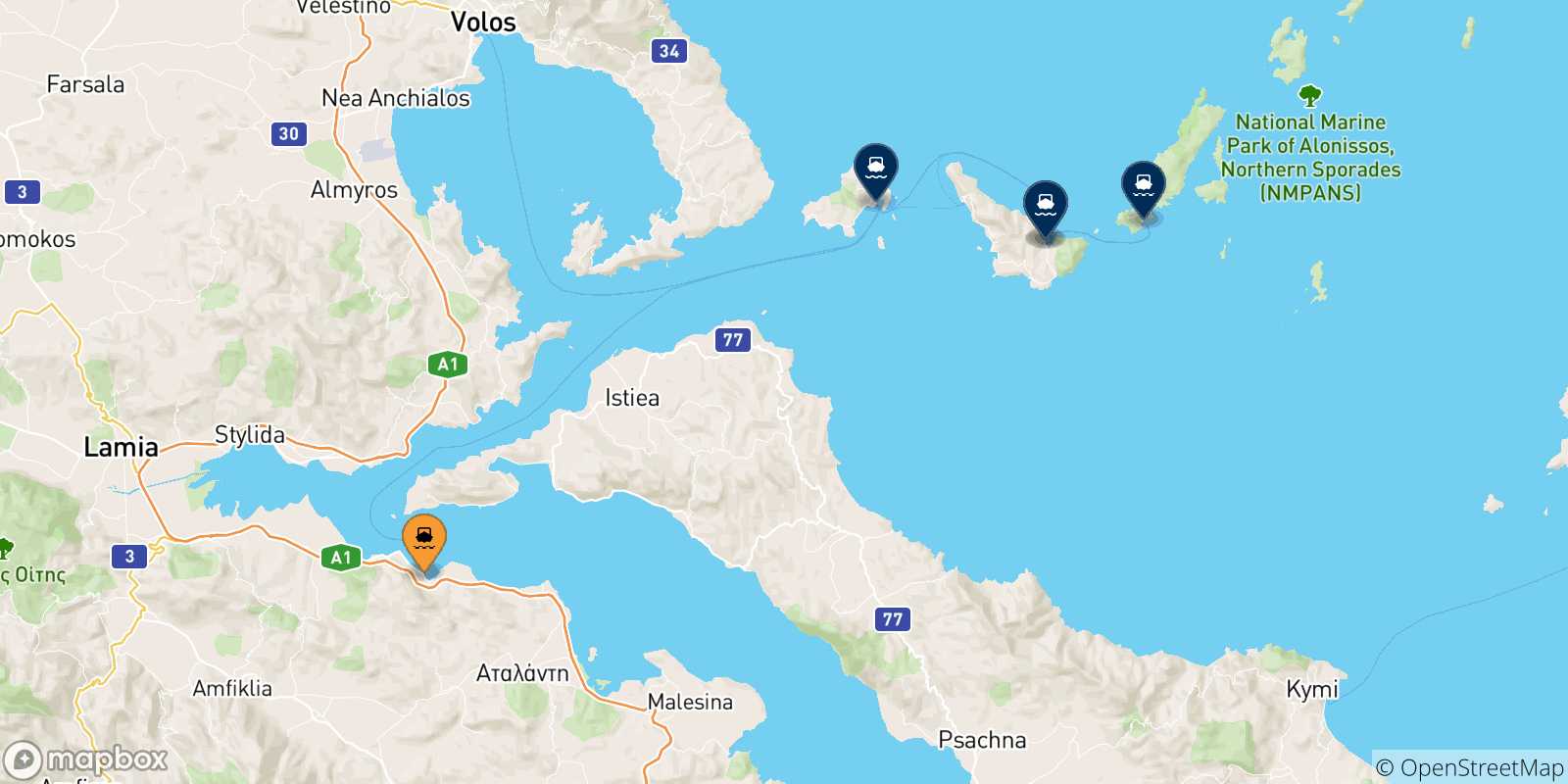 Map of the possible routes between Agios Konstantinos and Sporades Islands