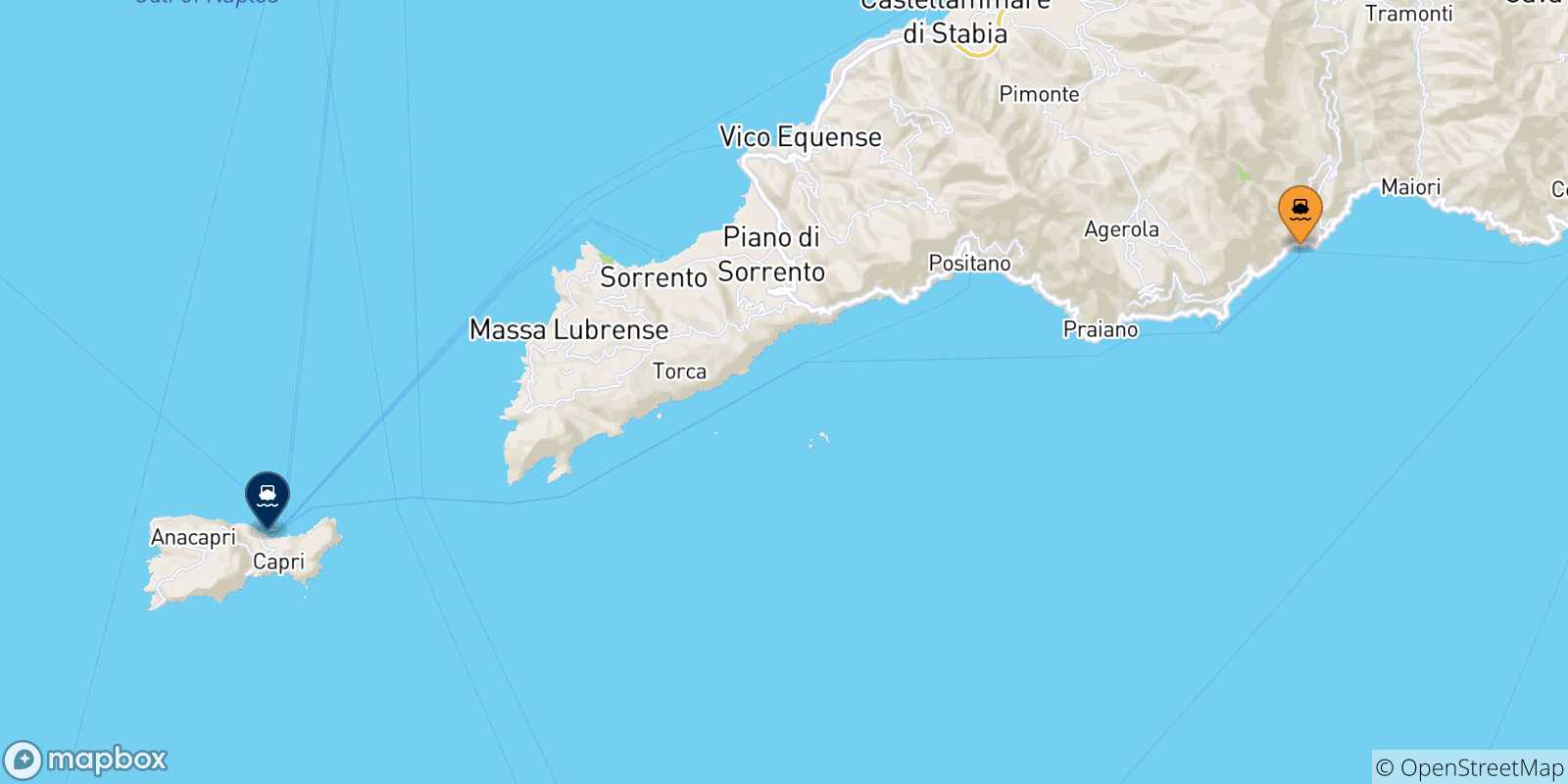 Map of the possible routes between Amalfi and Gulf Of Naples