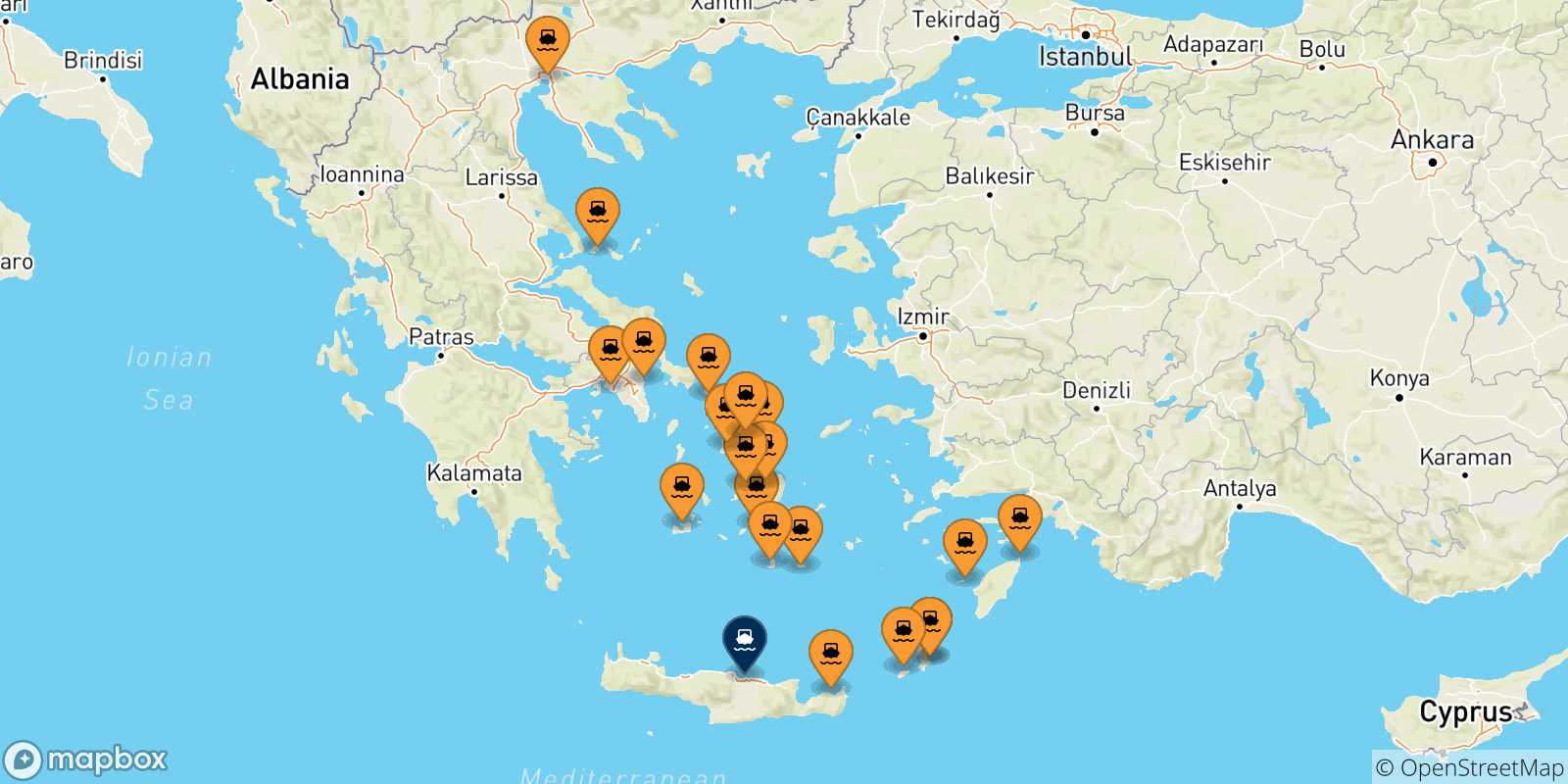 Map of the possible routes between Greece and Heraklion