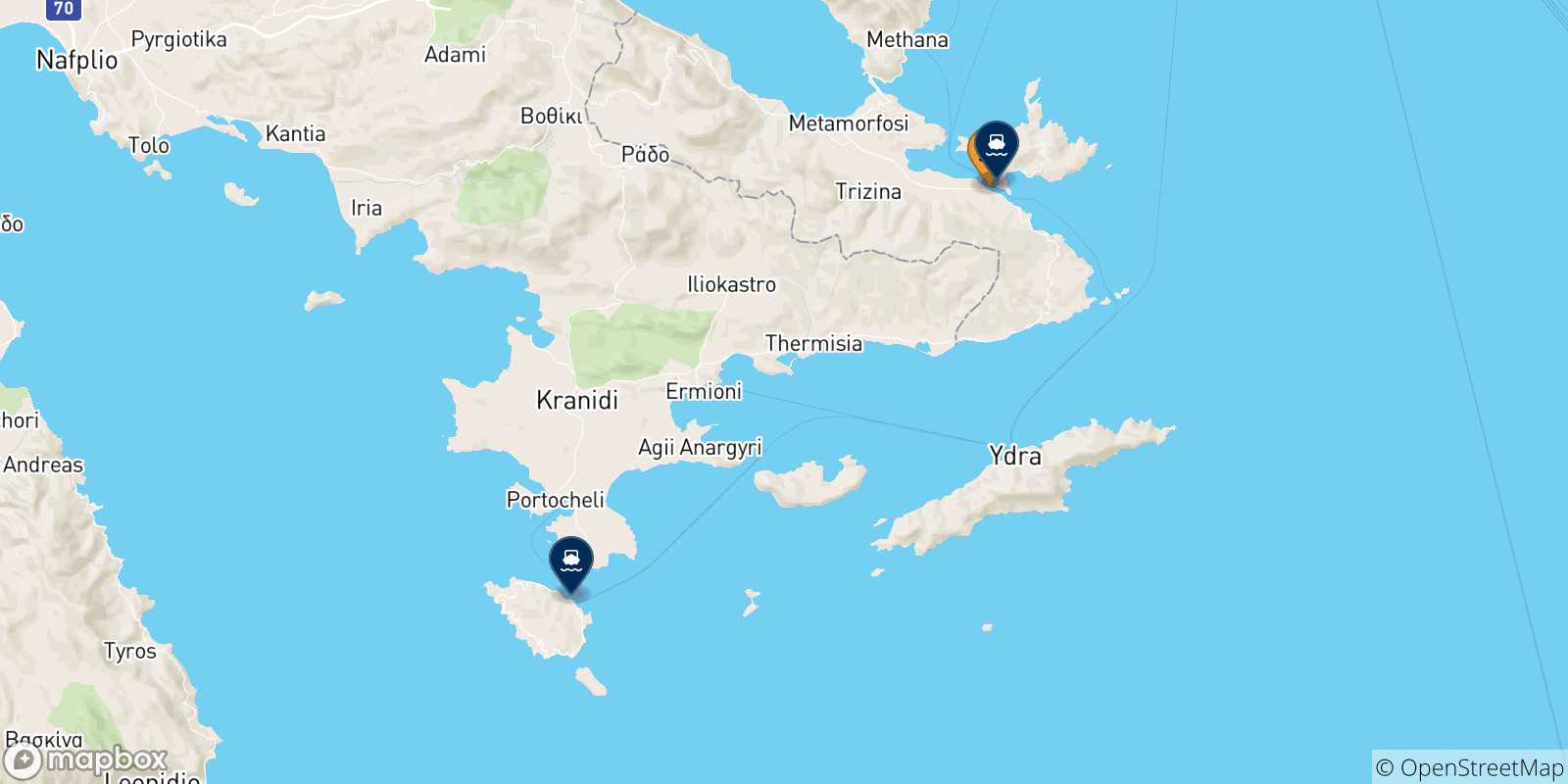 Map of the possible routes between Hydra and Saronic Islands