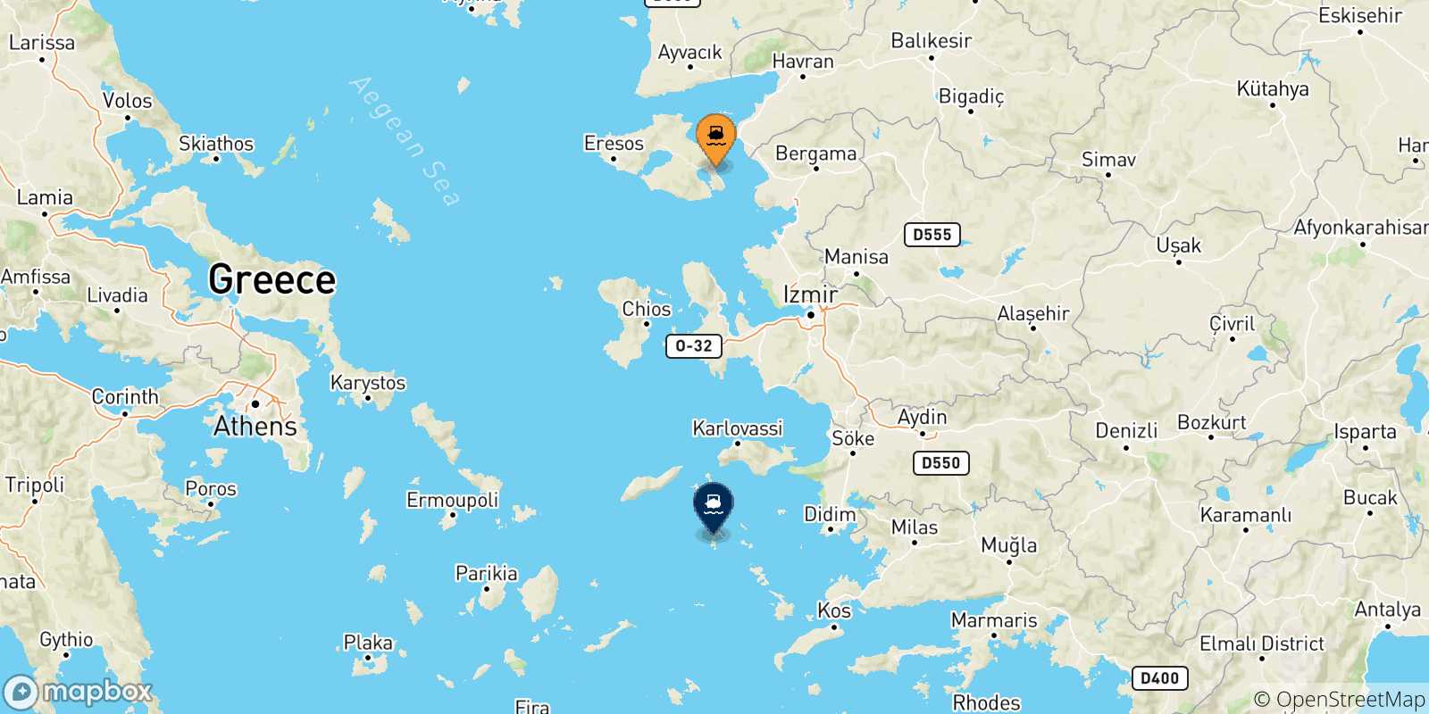 Map of the possible routes between Mytilene (Lesvos) and Dodecanese Islands