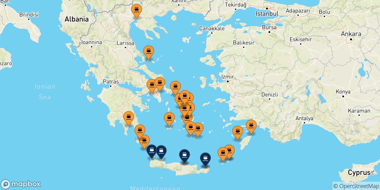 Map of the ports connected with  Crete