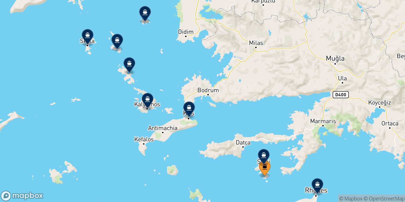 Map of the destinations reachable from Panormitis (Symi)