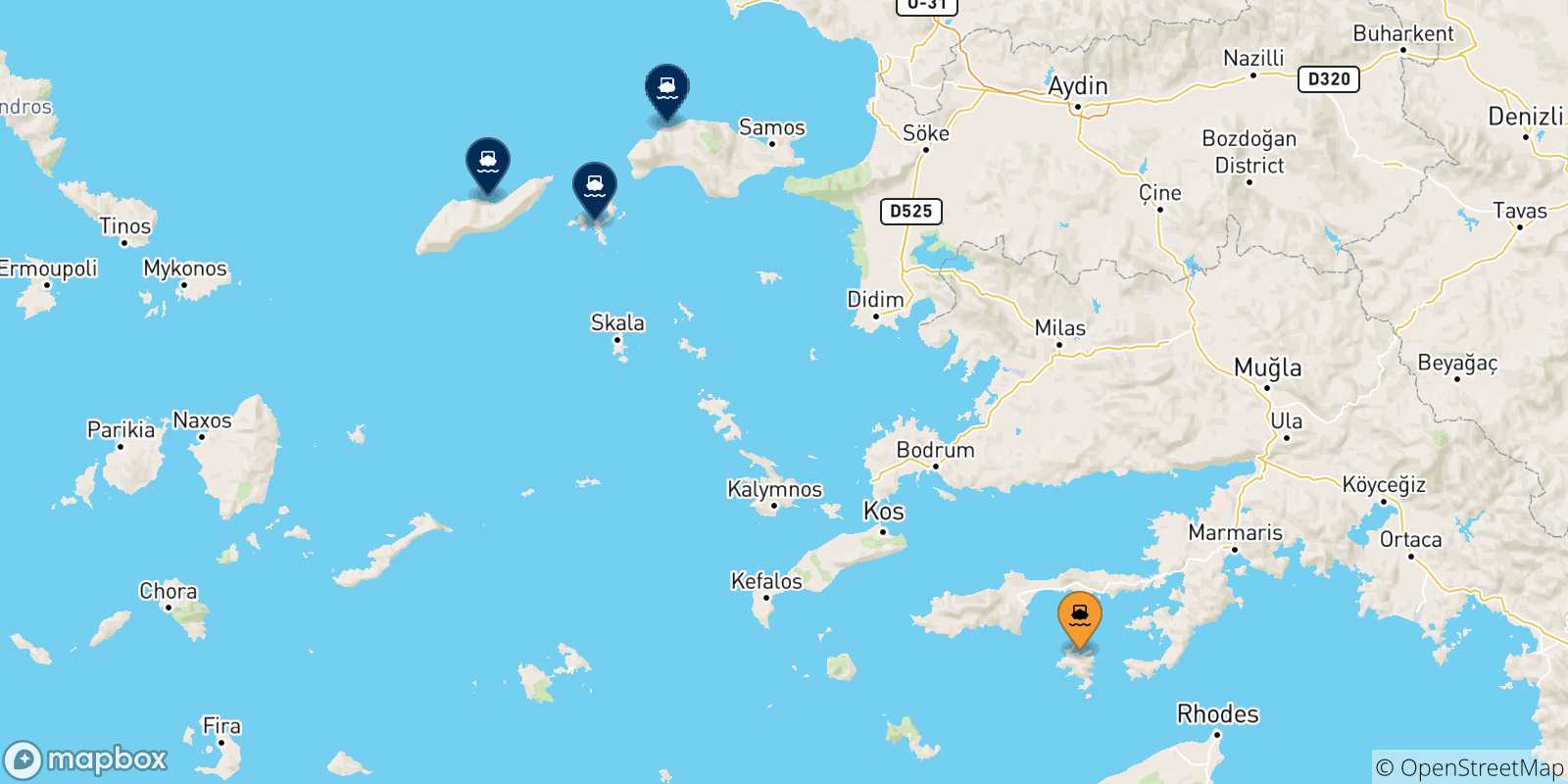 Map of the possible routes between Symi and Aegean Islands