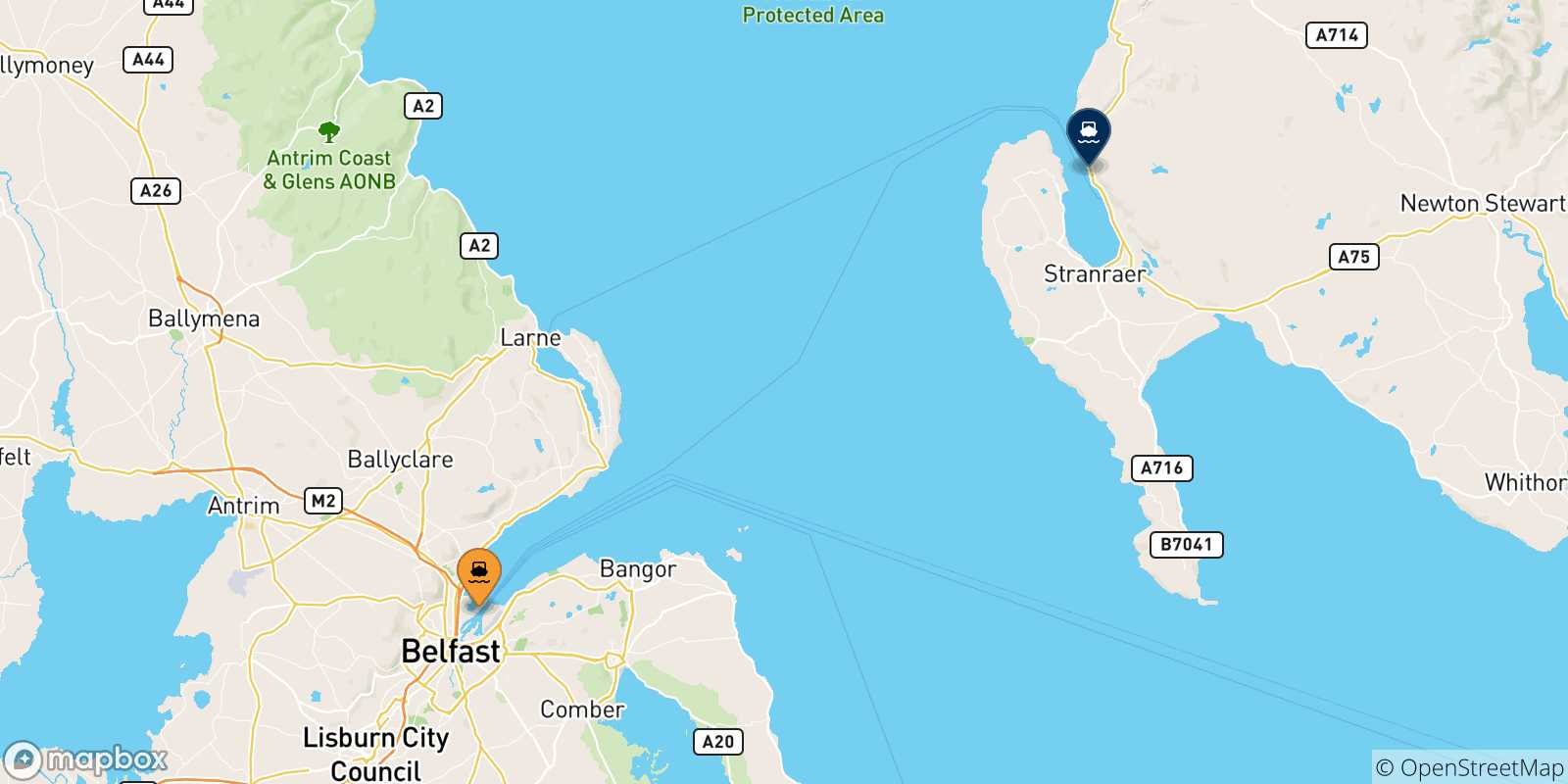Map of the possible routes between Belfast and Scotland