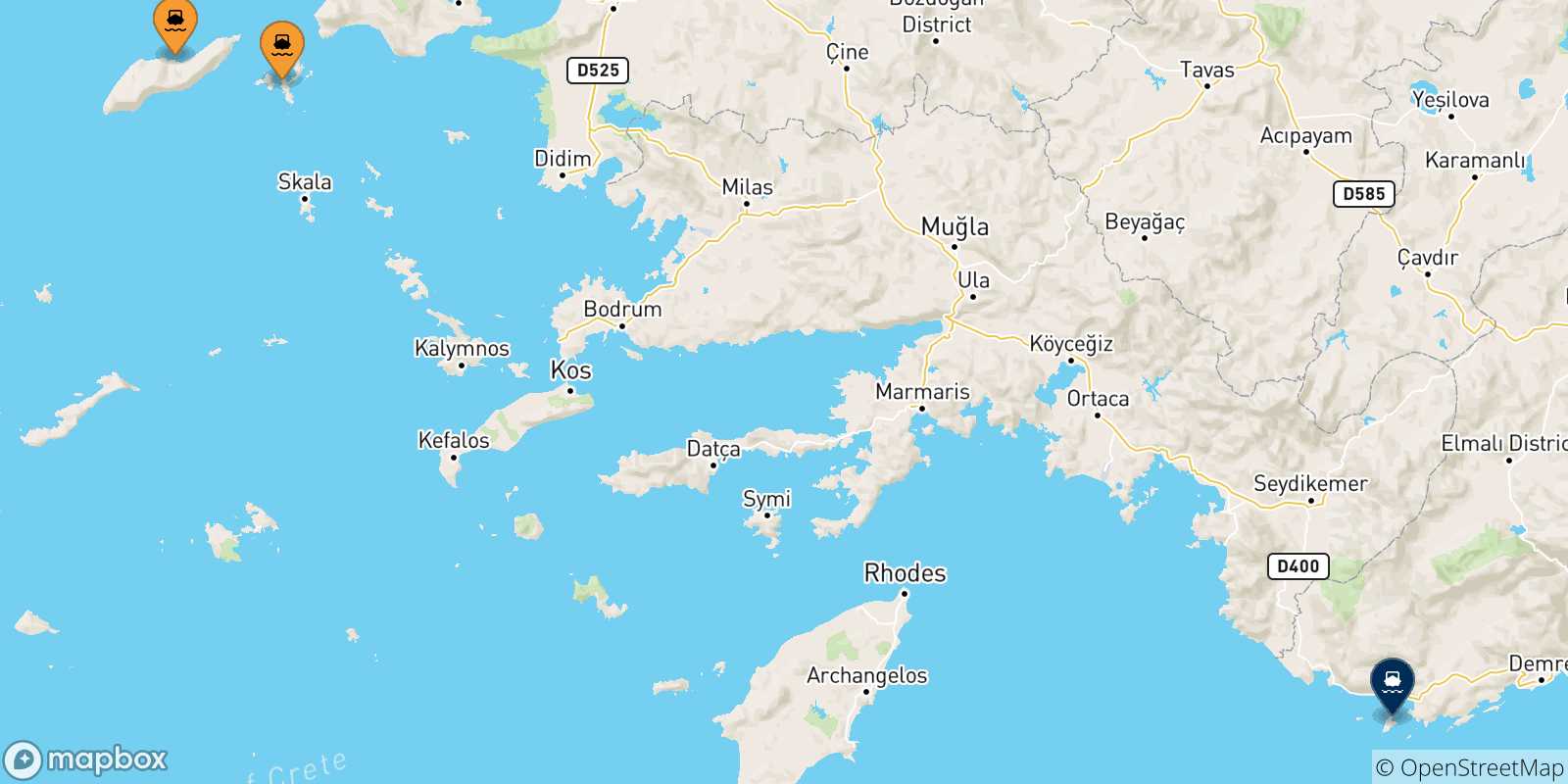 Map of the possible routes between Aegean Islands and Kastelorizo
