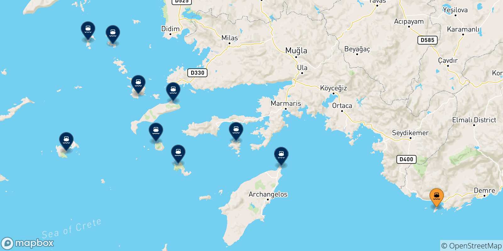 Map of the possible routes between Kastelorizo and Dodecanese Islands
