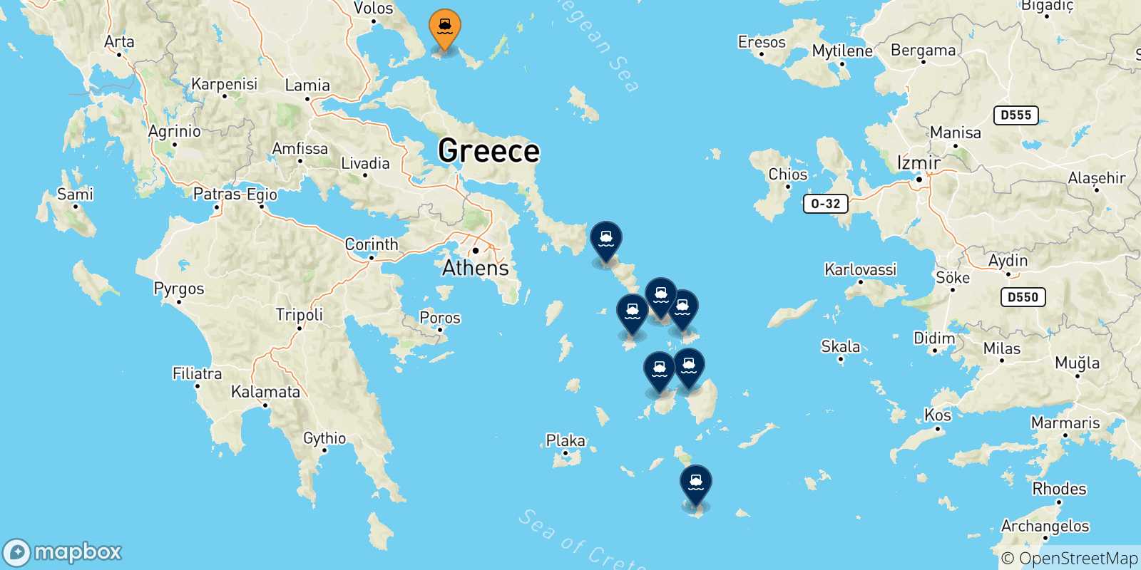 Map of the possible routes between Skiathos and Cyclades Islands