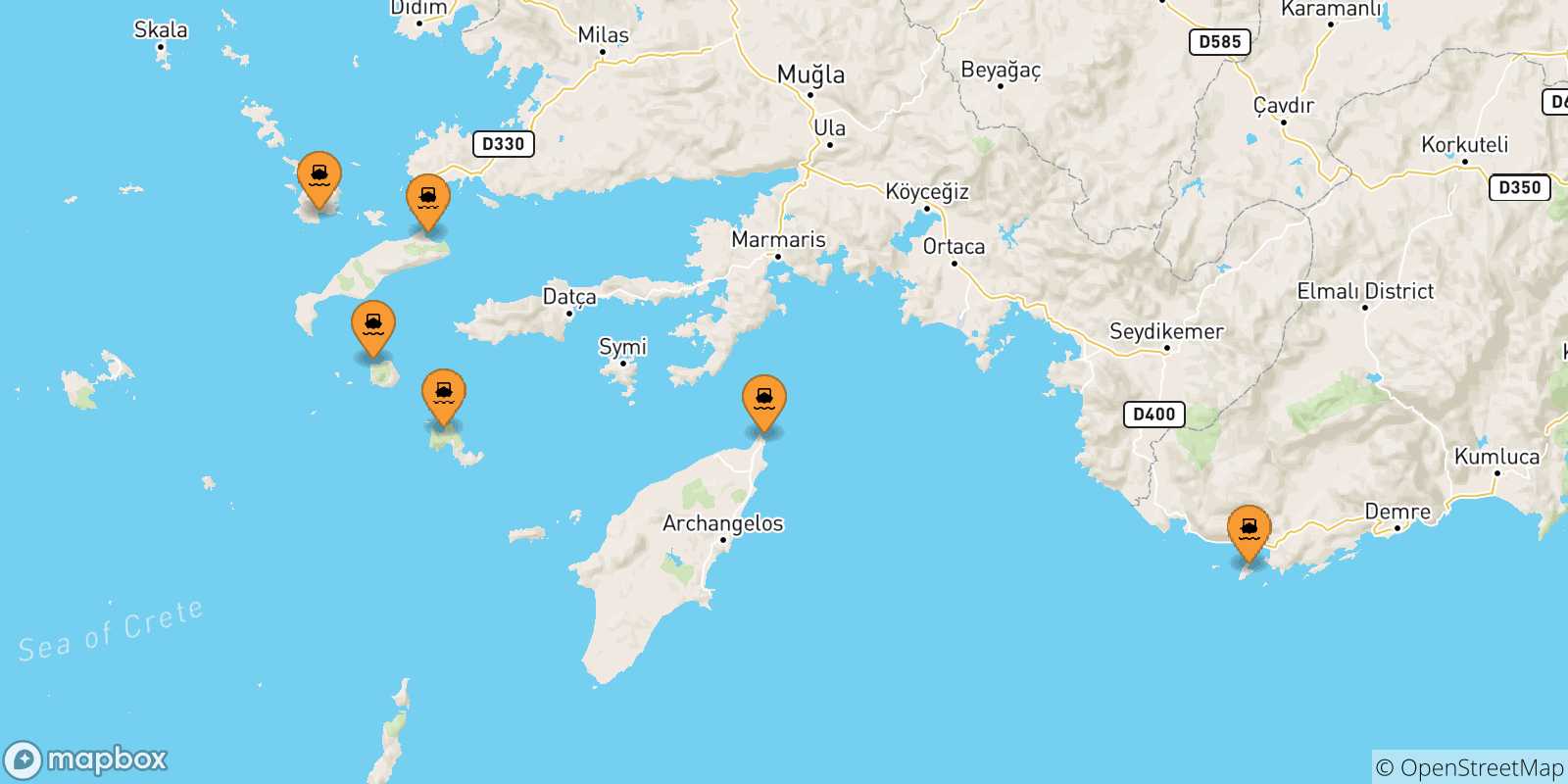 Map of the possible routes between Dodecanese Islands and Astypalea