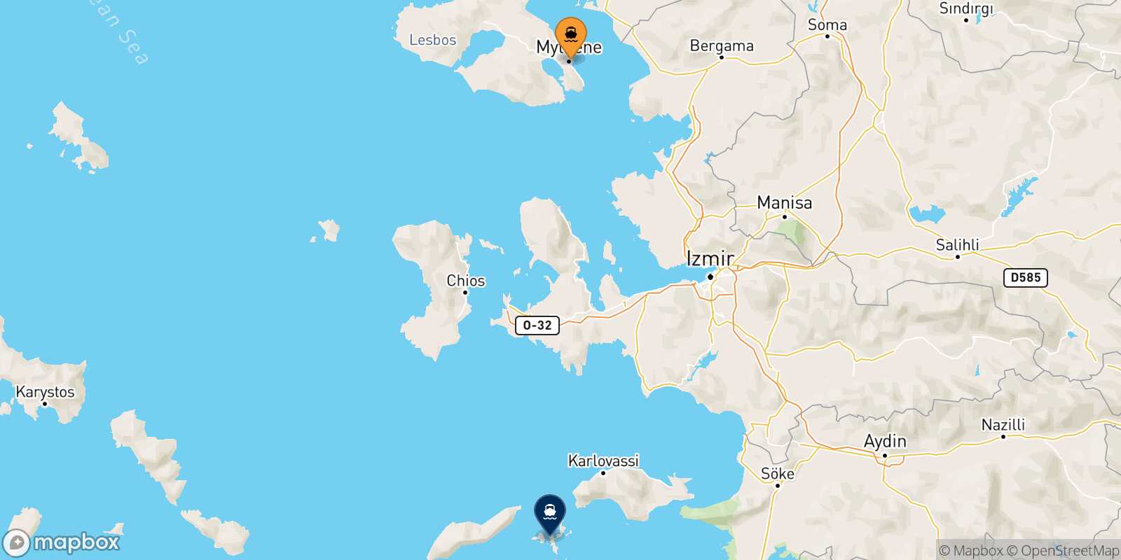 Mytilene (Lesvos) Fourni route map