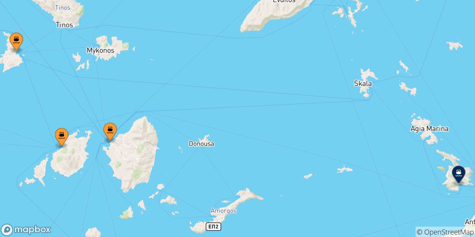 Map of the possible routes between Cyclades Islands and Kalymnos