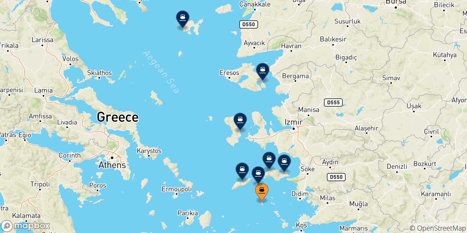 Map of the possible routes between Patmos and Aegean Islands