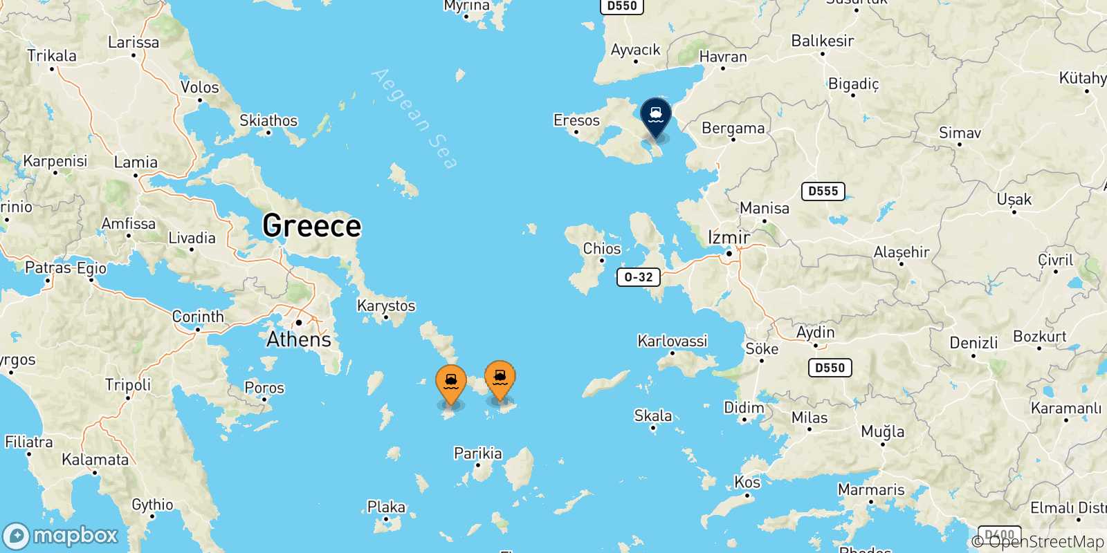 Map of the possible routes between Cyclades Islands and Mytilene (Lesvos)
