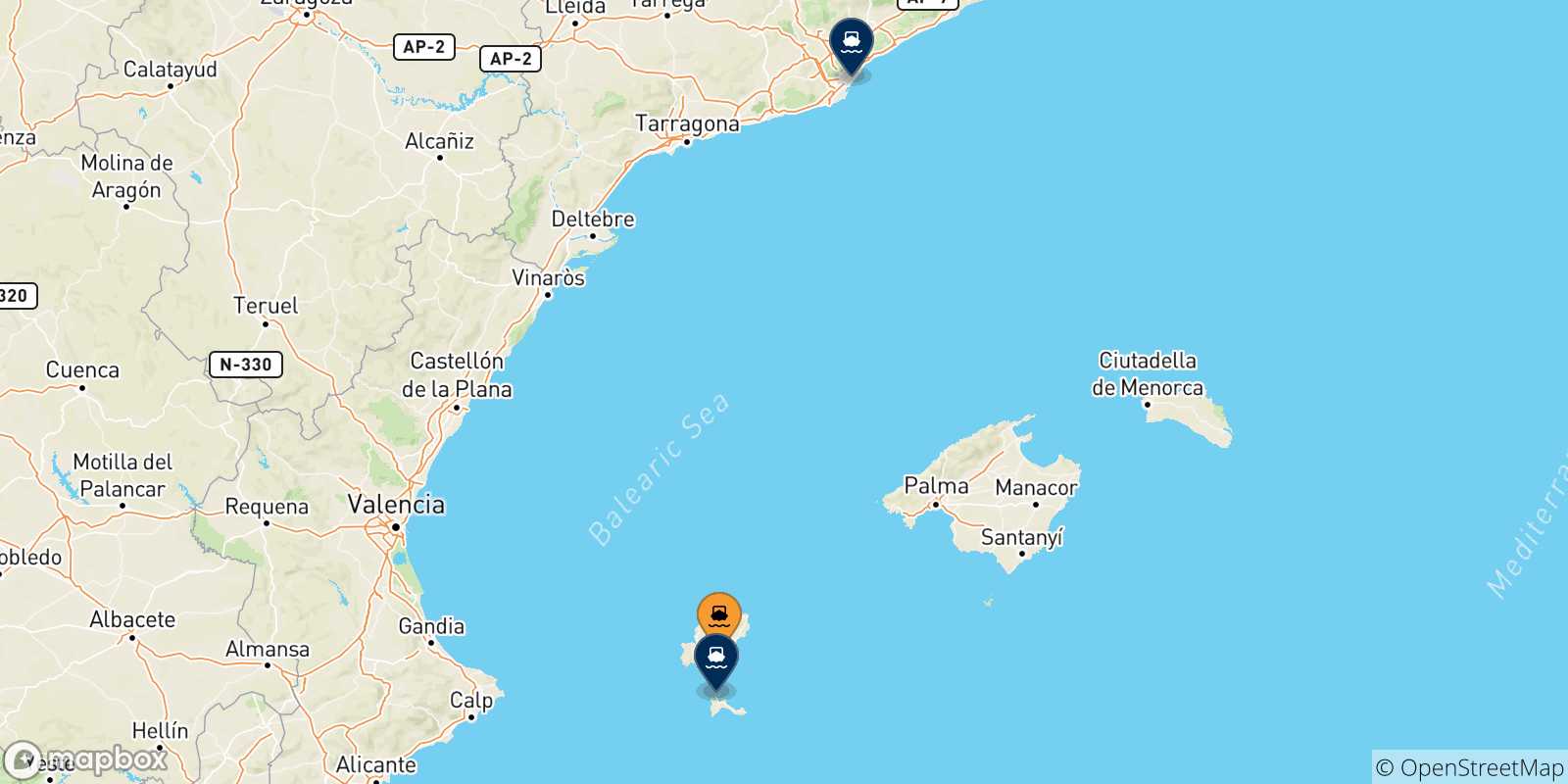 Map of the possible routes between Ibiza and Spain