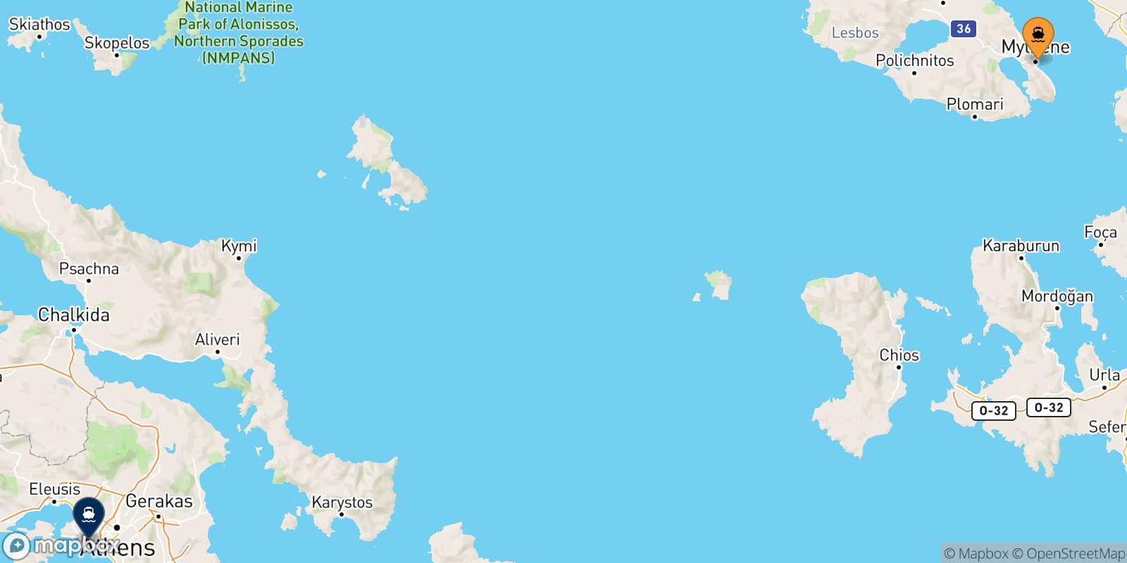 Mytilene (Lesvos) Piraeus route map