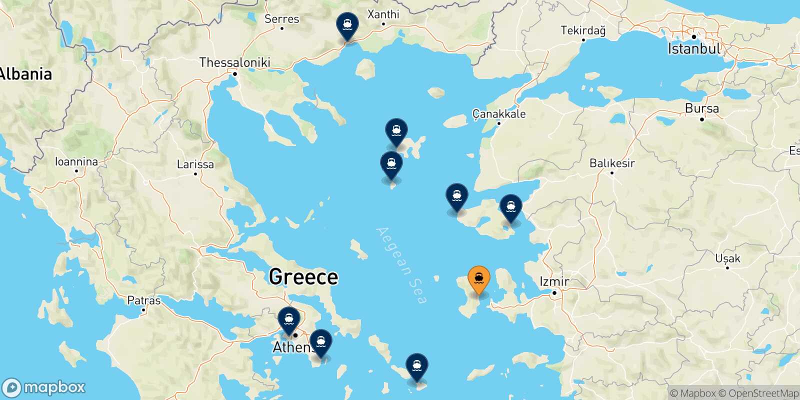 Map of the destinations reachable from Mesta Chios