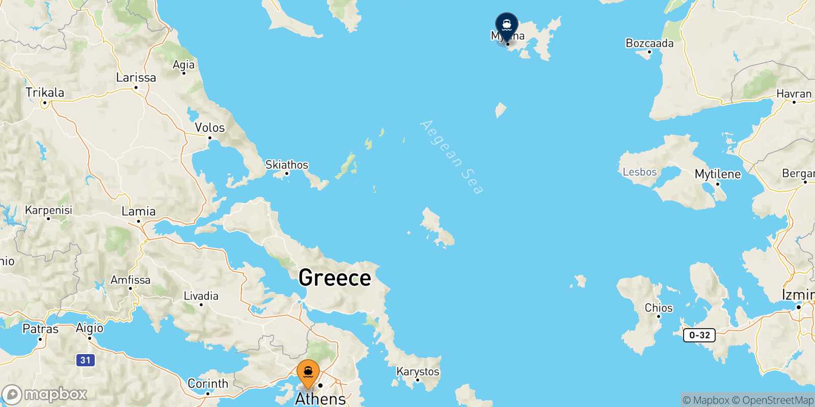 Piraeus Myrina (Limnos) route map