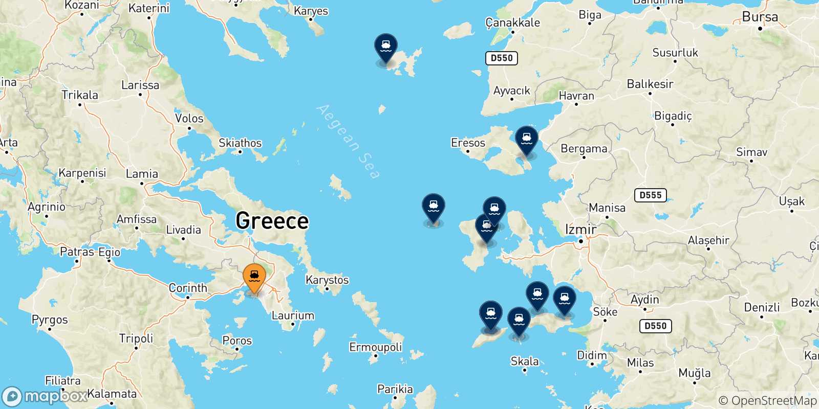 Map of the possible routes between Piraeus and Aegean Islands