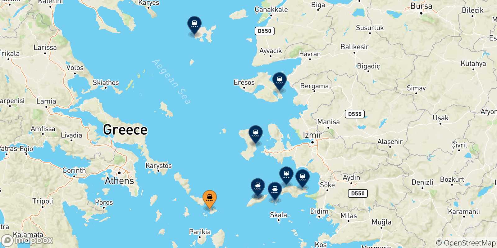 Map of the possible routes between Mykonos and Aegean Islands