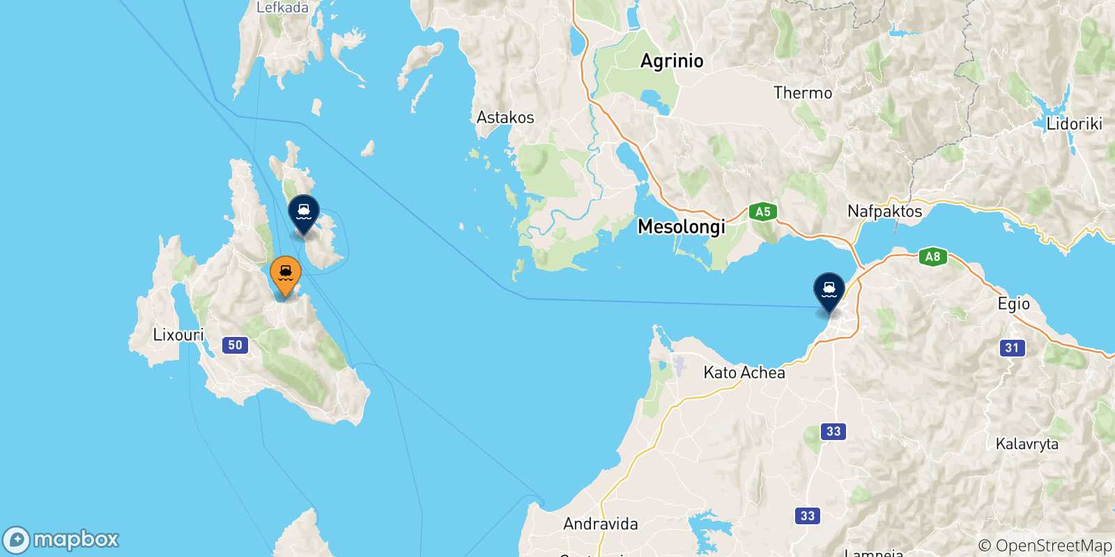 Map of the possible routes between Sami (Kefalonia) and Greece