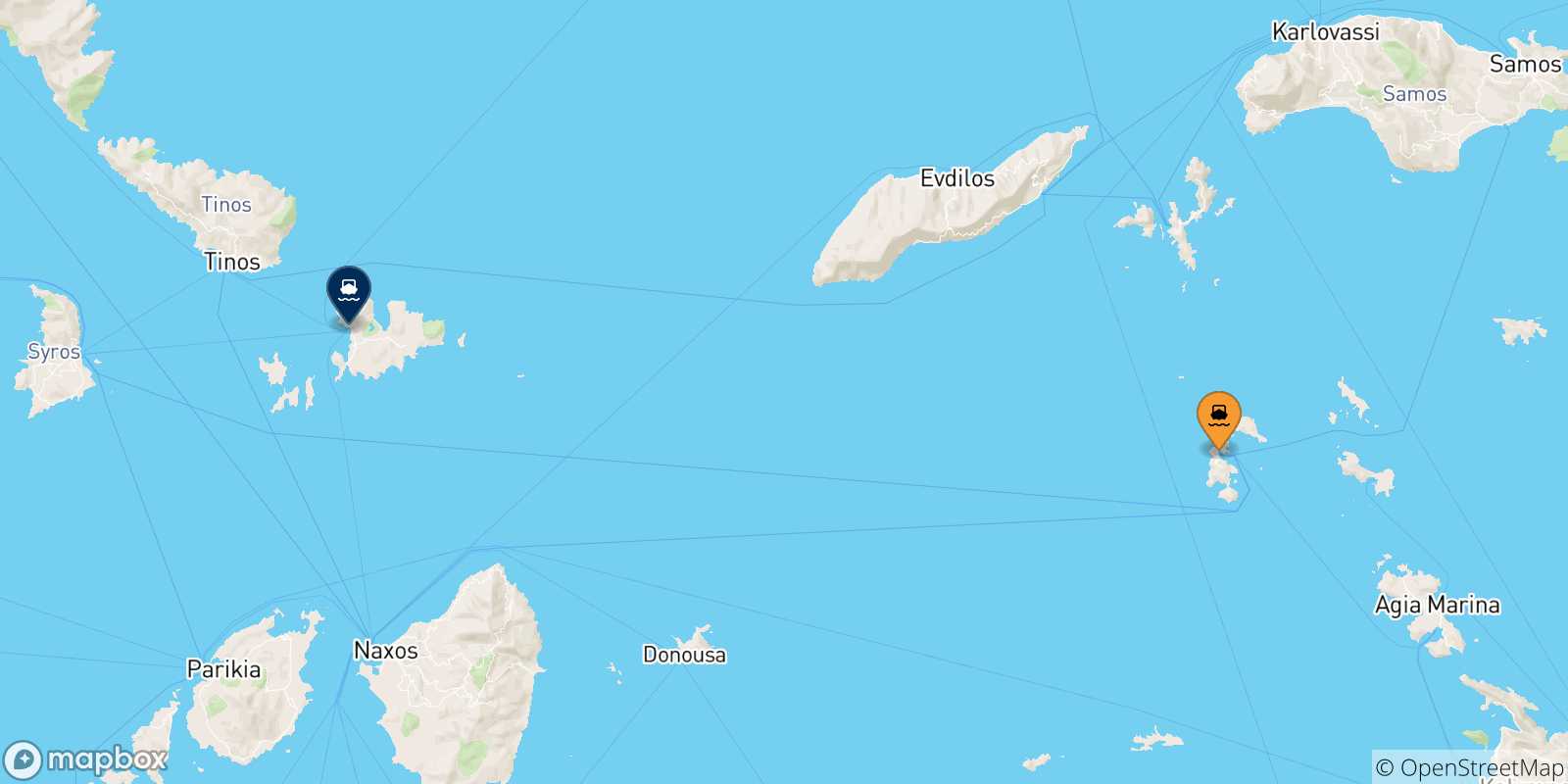 Map of the possible routes between Dodecanese Islands and Mykonos