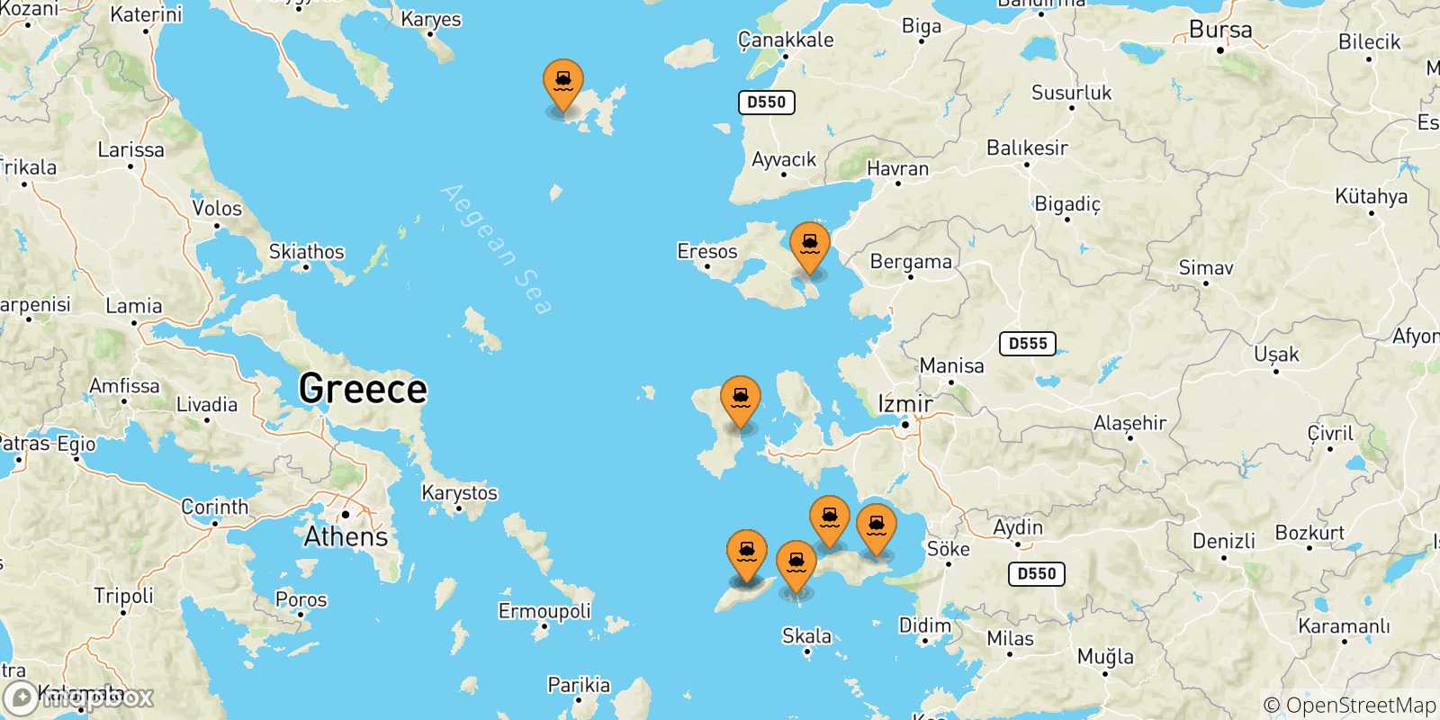 Map of the possible routes between Aegean Islands and Myrina (Limnos)