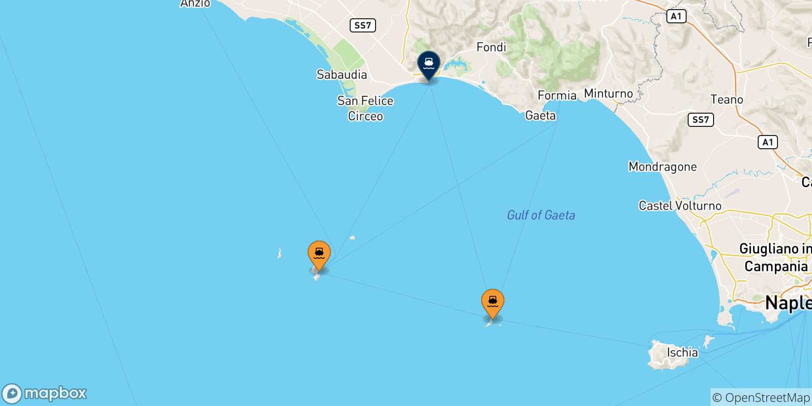 Map of the possible routes between Pontine Islands and Terracina