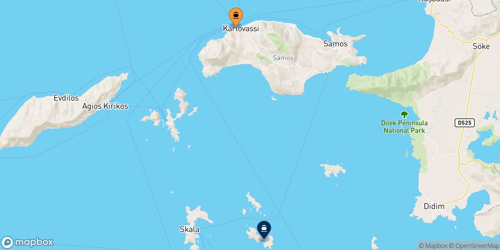 Pythagorio (Samos) Lipsi route map