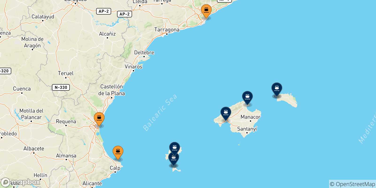 Map of the possible routes between Spain and Balearic Islands