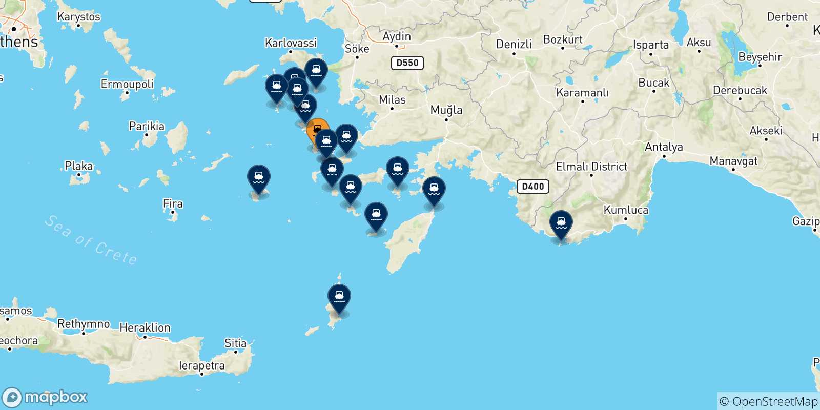 Map of the possible routes between Kalymnos and Dodecanese Islands